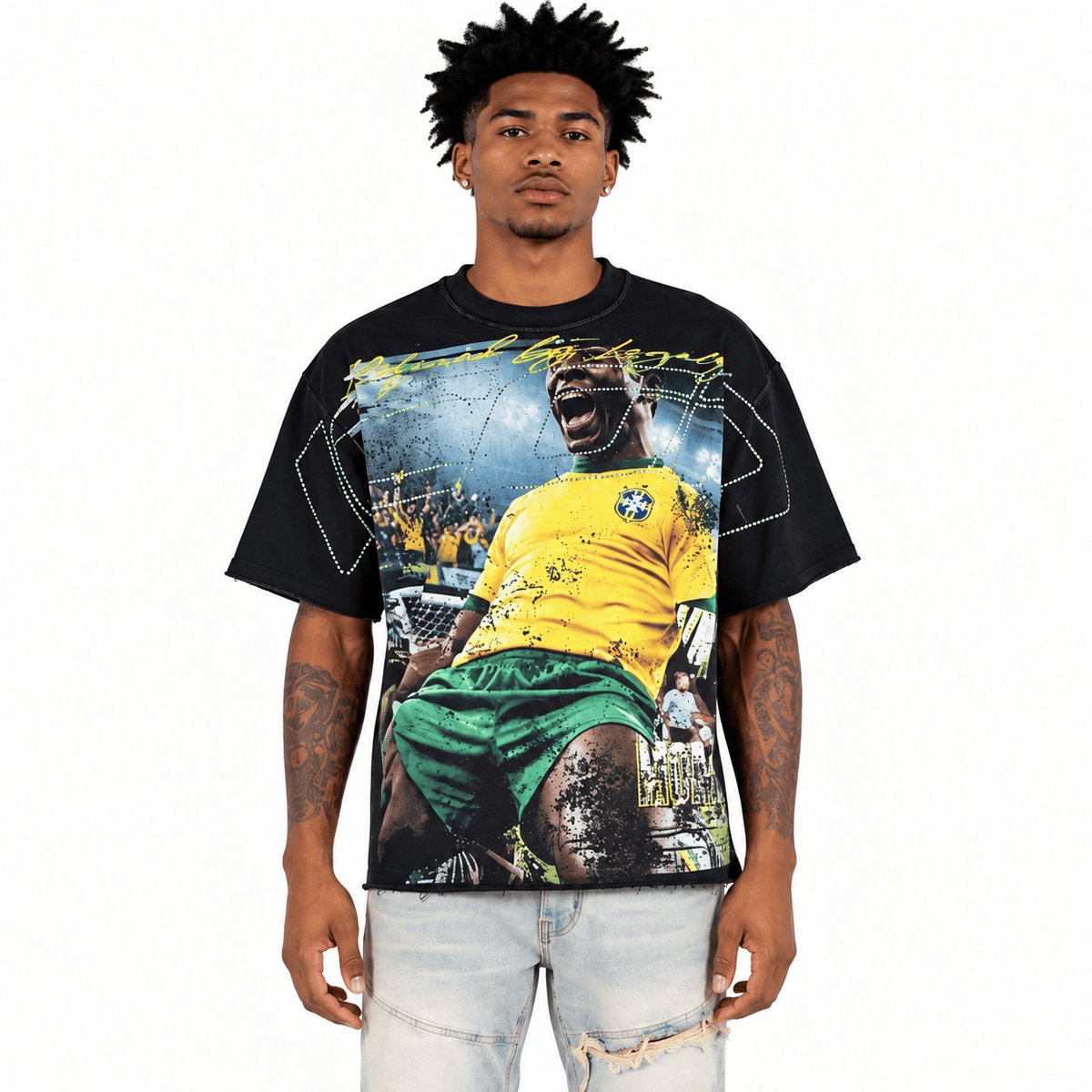 R3bel Denim Icon French Terry Rhinestone Tee (Black)
