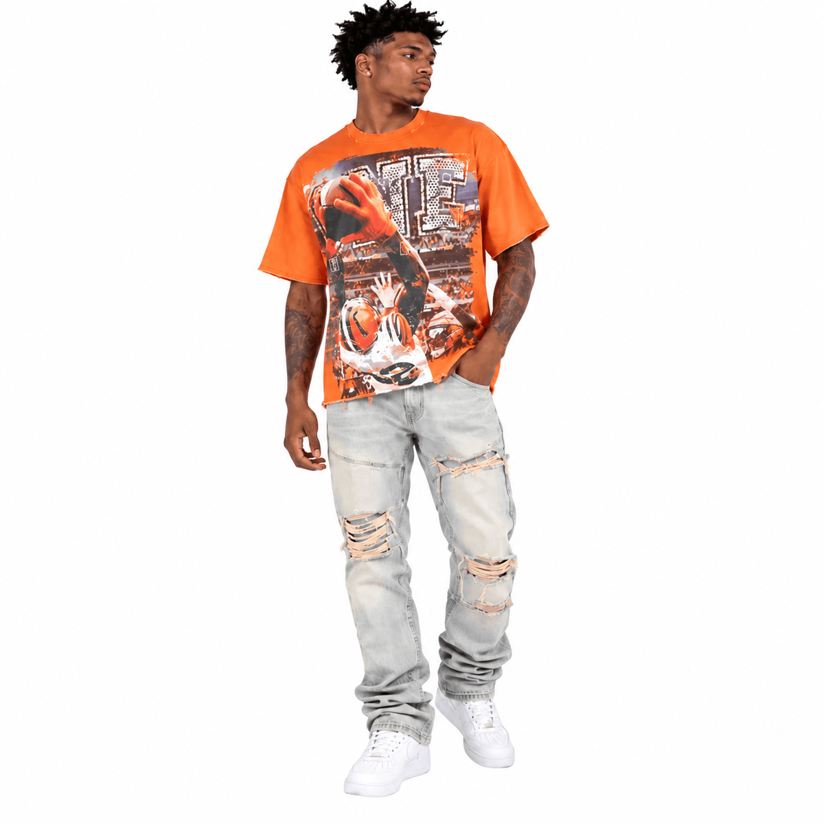 R3bel Denim Hot Only One French Terry Rhinestone Tee (Orange)