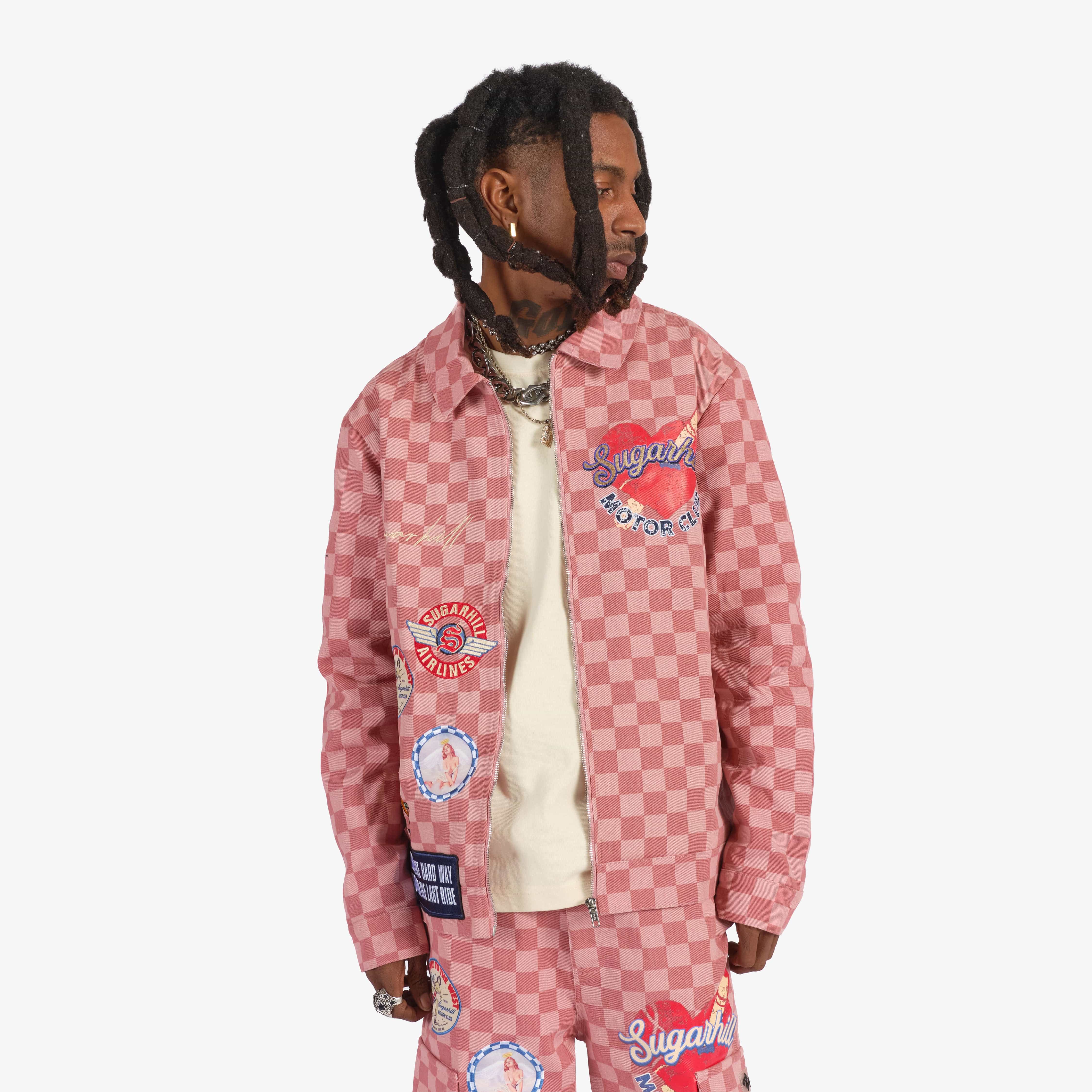 "Motor Club"  Denim Trucker Jacket (red checker)