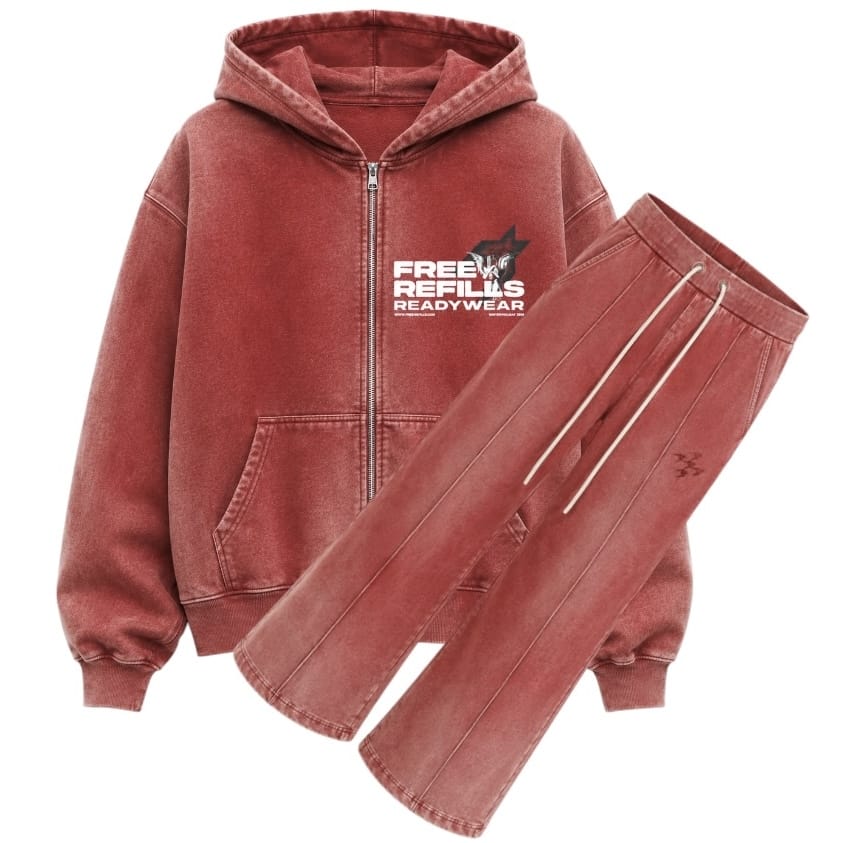 Free Refills Sunday Service Zip Up Hoodie & Flare Sweatpants Set (Red)