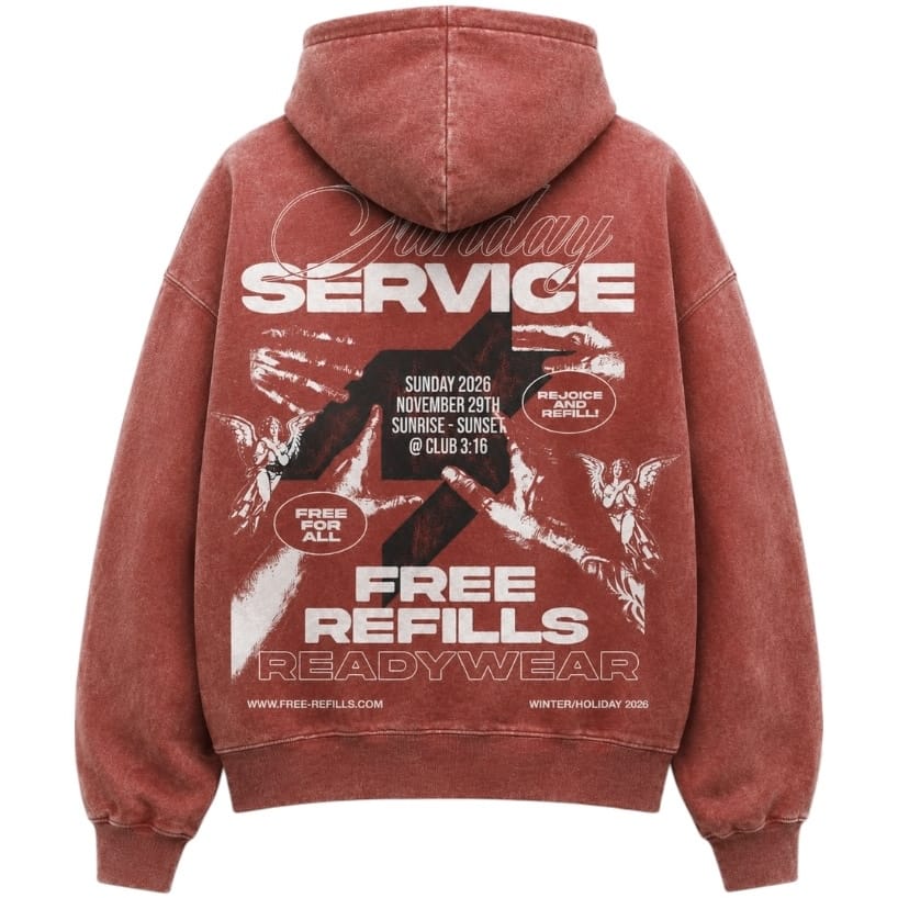 Free Refills Sunday Service Zip Up Hoodie (Red) FR-HOLIDAY26-003