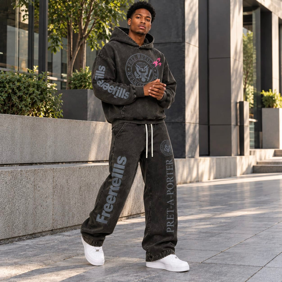 Free Refills Pret A Porter Hoodie & Flare Sweatpants Set (Black)