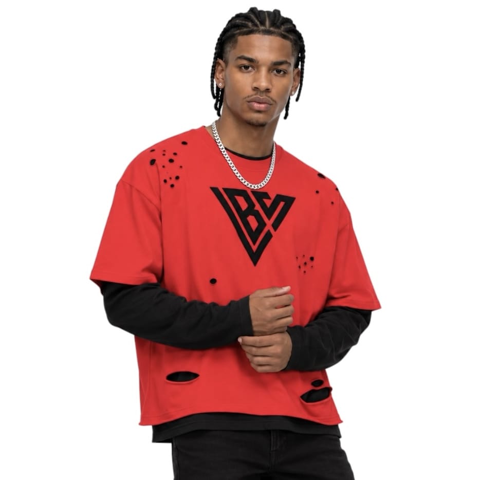 Valabasas Distressed Layered Long Sleeve Tee (Red) VLBS-VCR1-1016
