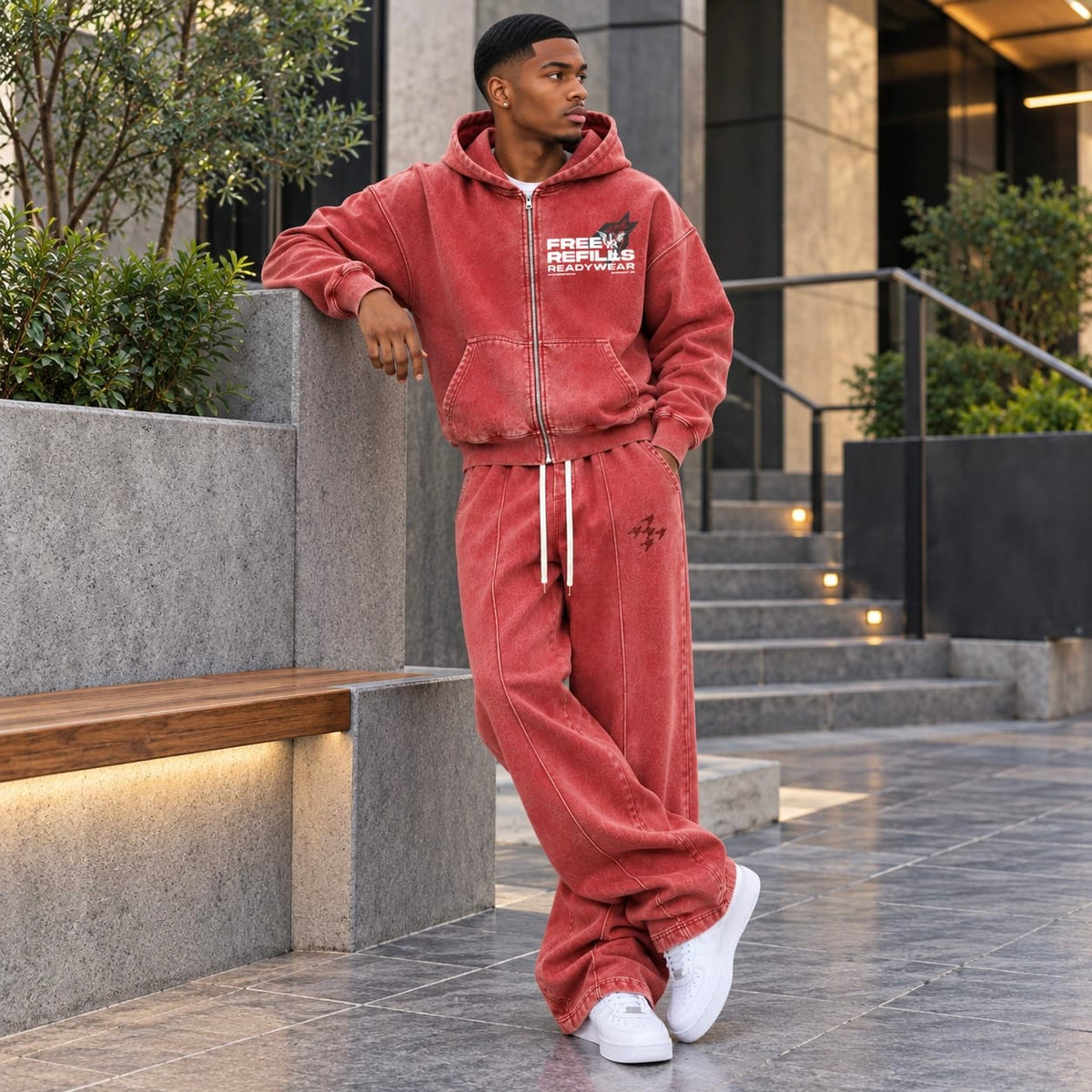 Free Refills Sunday Service Zip Up Hoodie & Flare Sweatpants Set (Red)