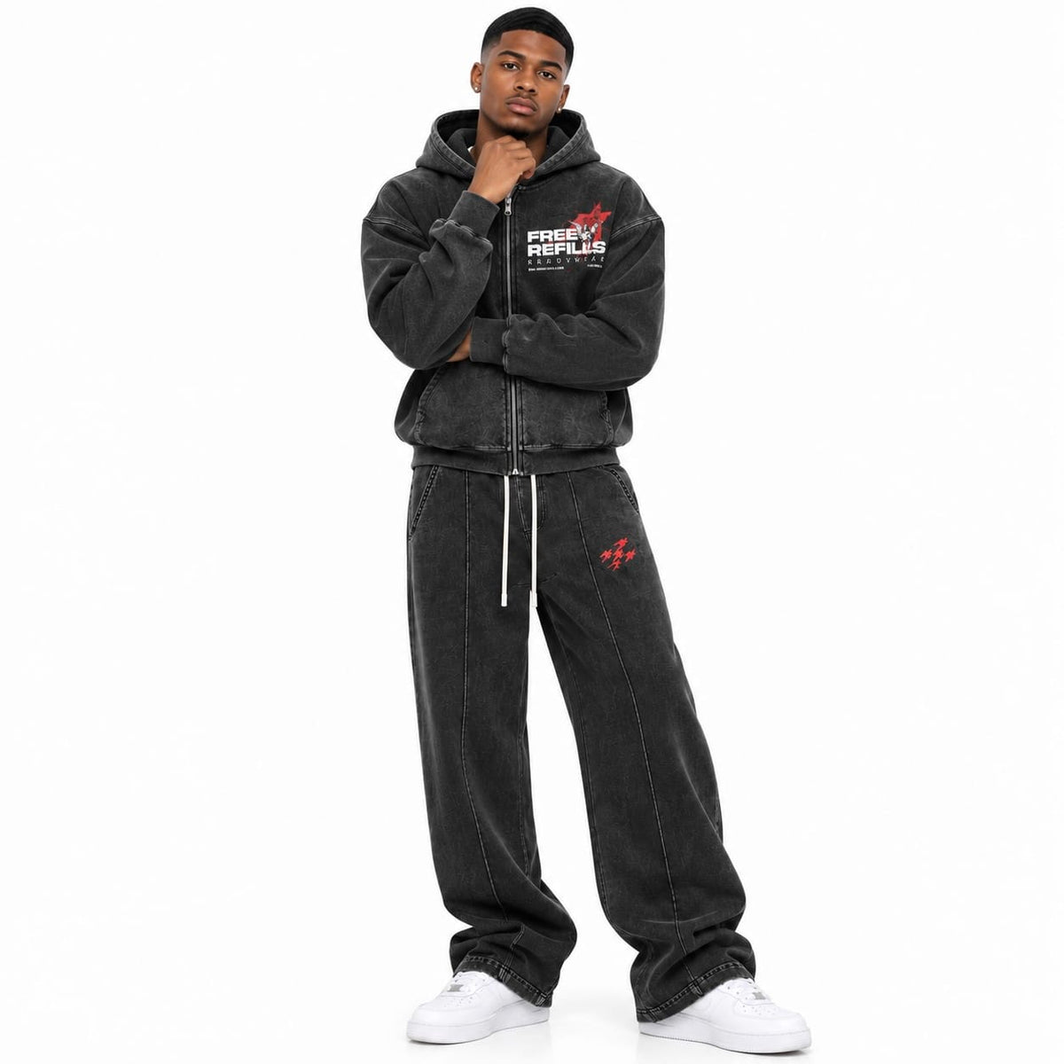 Free Refills Sunday Service Zip Up Hoodie & Flare Sweatpants Set (Black)