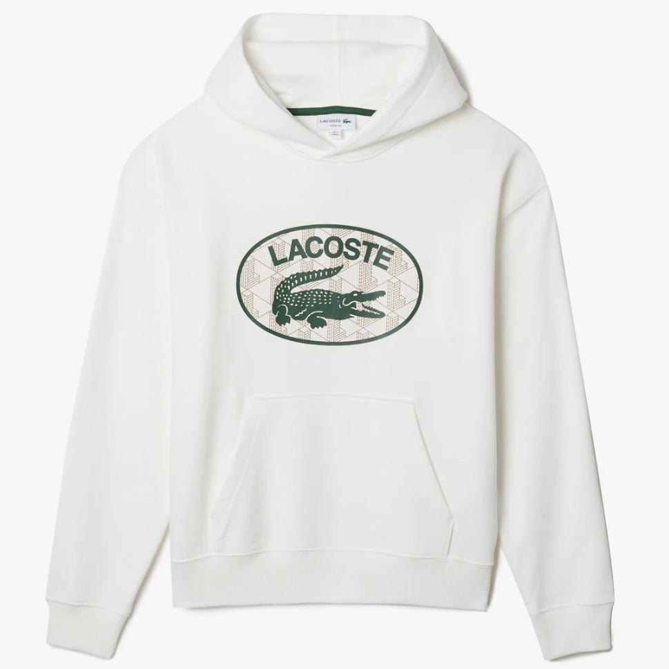 Lacoste Loose Fit Branded Monogram Hooded Sweatshirt (White) SH0067-51