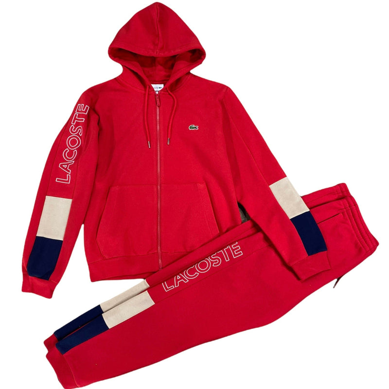 Lacoste Hooded Colorblock Fleece Zip Set (Red)