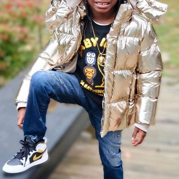 Kids Jordan Craig Metallic Hooded Bubble Jacket (Gold) 91542MK