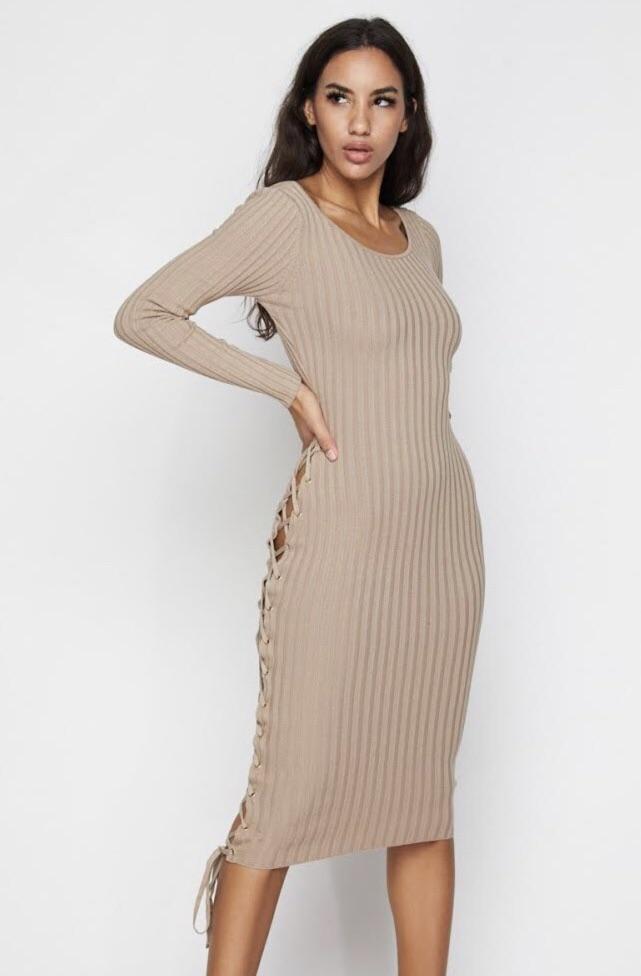 HERA COLLECTION LONG SLEEVE RIB SIDE LACE UP SLIT DRESS - BEIGE