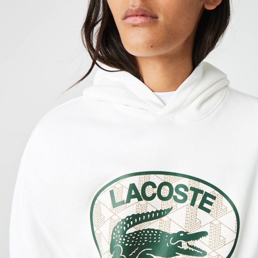 Lacoste Loose Fit Branded Monogram Hooded Sweatshirt (White) SH0067-51