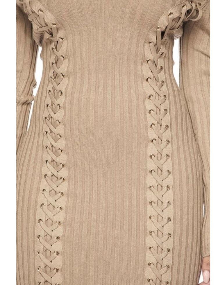 HERA COLLECTION LACE ME UP LONG SLEEVE V-NECK DRESS - BEIGE