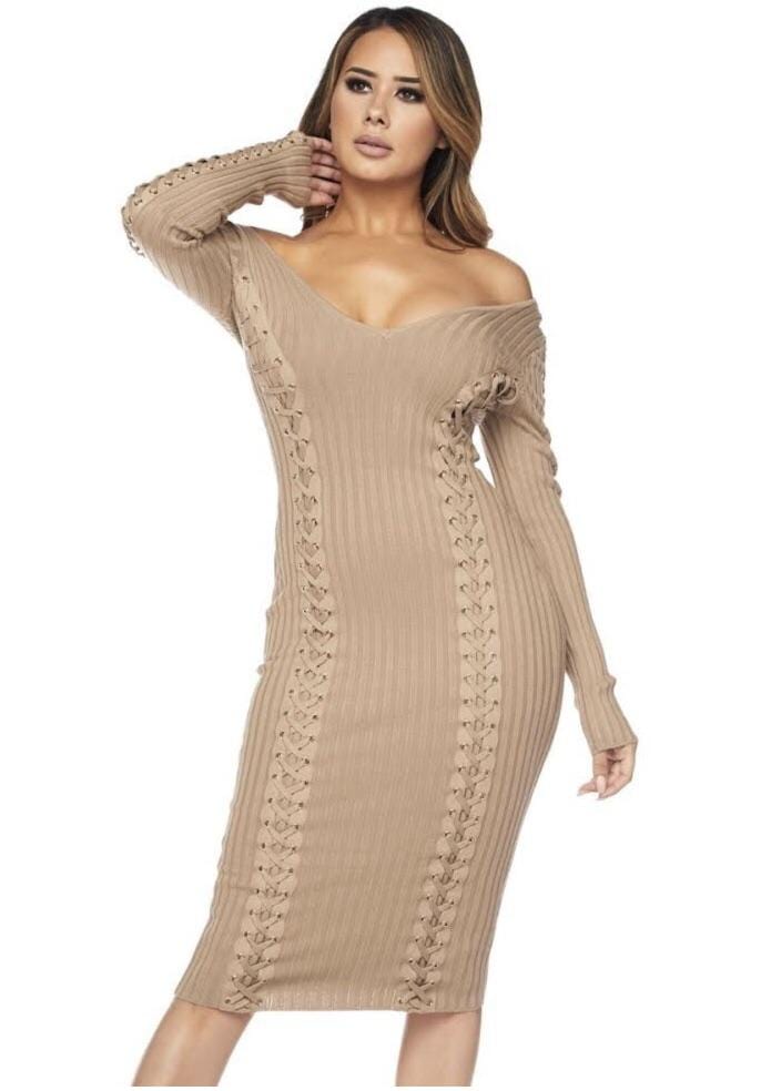 HERA COLLECTION LACE ME UP LONG SLEEVE V-NECK DRESS - BEIGE