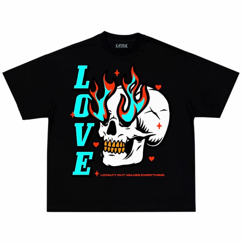 L.o.v.e Flame Skull T Shirt (Black)