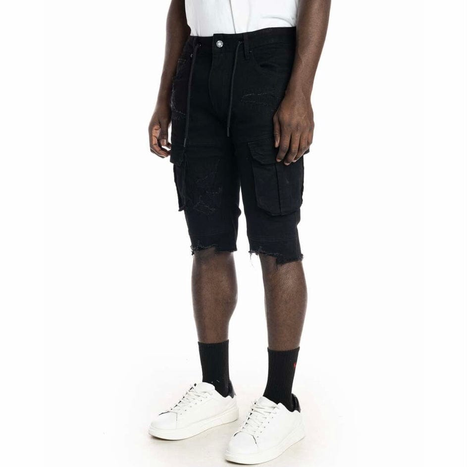 Smoke Rise Rip & Repair Semi Basic Twill Shorts (Black) JS22234