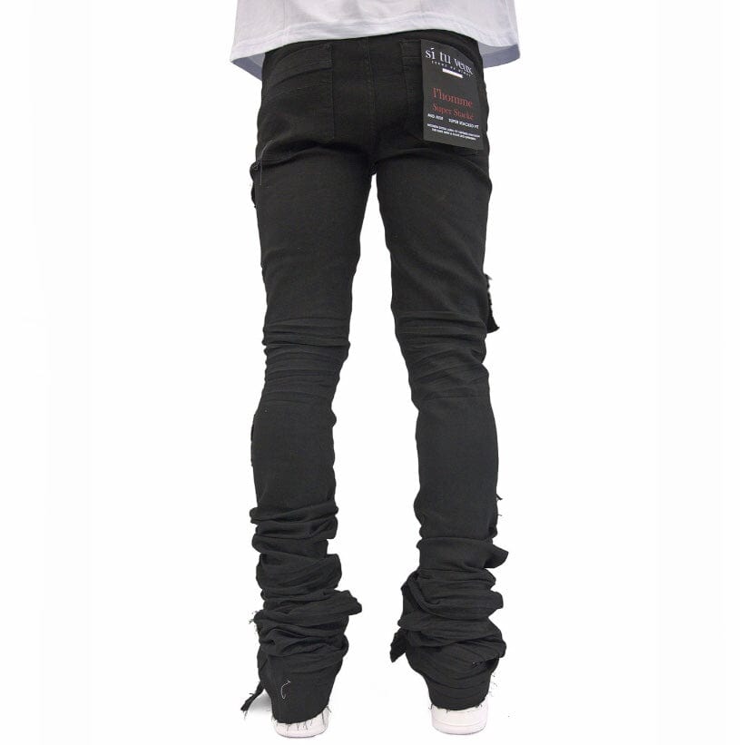 Si Tu Veux Brutini Super Stacked Cargo Jeans (Jet Black) TV0051-STK