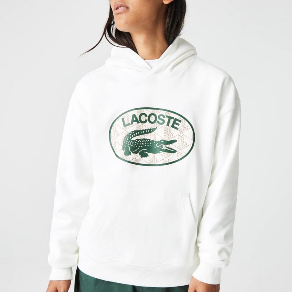 Lacoste Loose Fit Branded Monogram Hooded Sweatshirt (White) SH0067-51