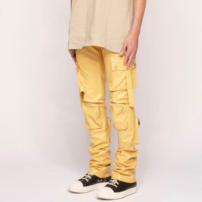 Pheelings Never Look Back Cargo Flare Stack Leather Pants (Wheat Yellow)