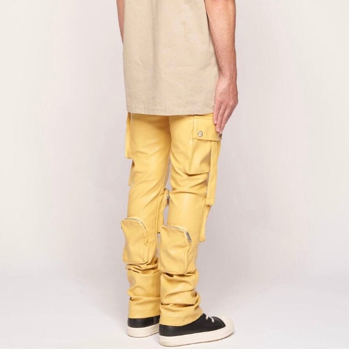 Pheelings Never Look Back Cargo Flare Stack Leather Pants (Wheat Yellow)