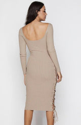 HERA COLLECTION LONG SLEEVE RIB SIDE LACE UP SLIT DRESS - BEIGE