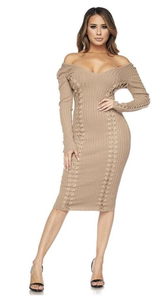 HERA COLLECTION LACE ME UP LONG SLEEVE V-NECK DRESS - BEIGE