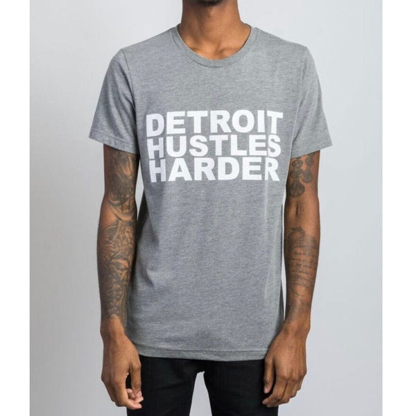 Detroit Hustles Harder Short Sleeve Tri-Blend White Print T Shirt (Heather Grey)