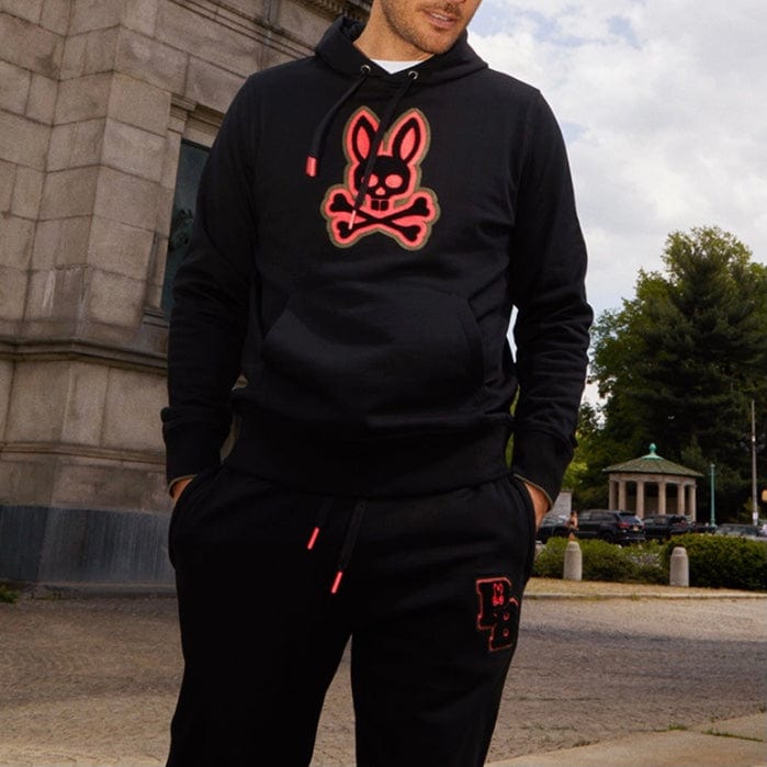 Psycho Bunny Patchin Chenille Bunny Logo Hoodie (Black) B6H849U1FT