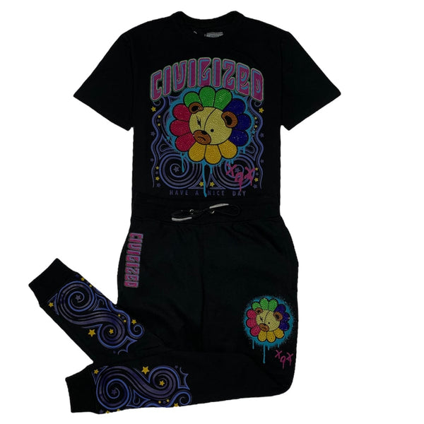 Civilized Bear Flower T Shirt & Jogger Set (Black) CV1431-1432