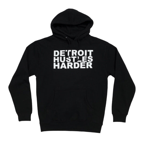 Detroit Hustles Harder Pullover Hoodie (Black/White)