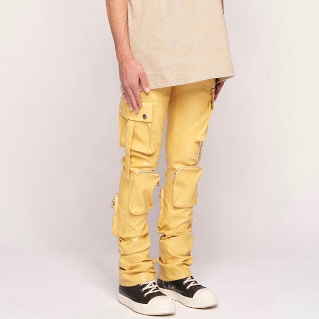 Pheelings Never Look Back Cargo Flare Stack Leather Pants (Wheat Yellow)