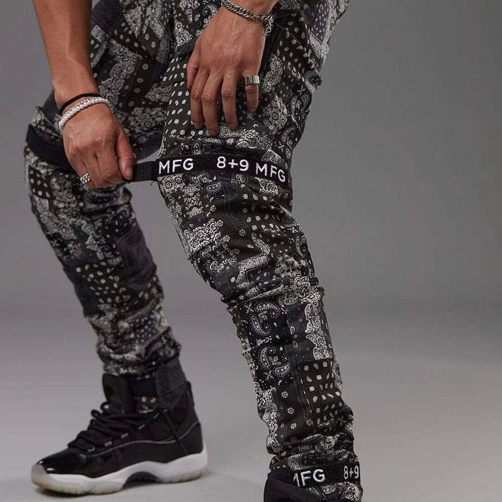 8&9 Strapped Up Utility Paisley Pants (Black/White) PSSTRPABLK