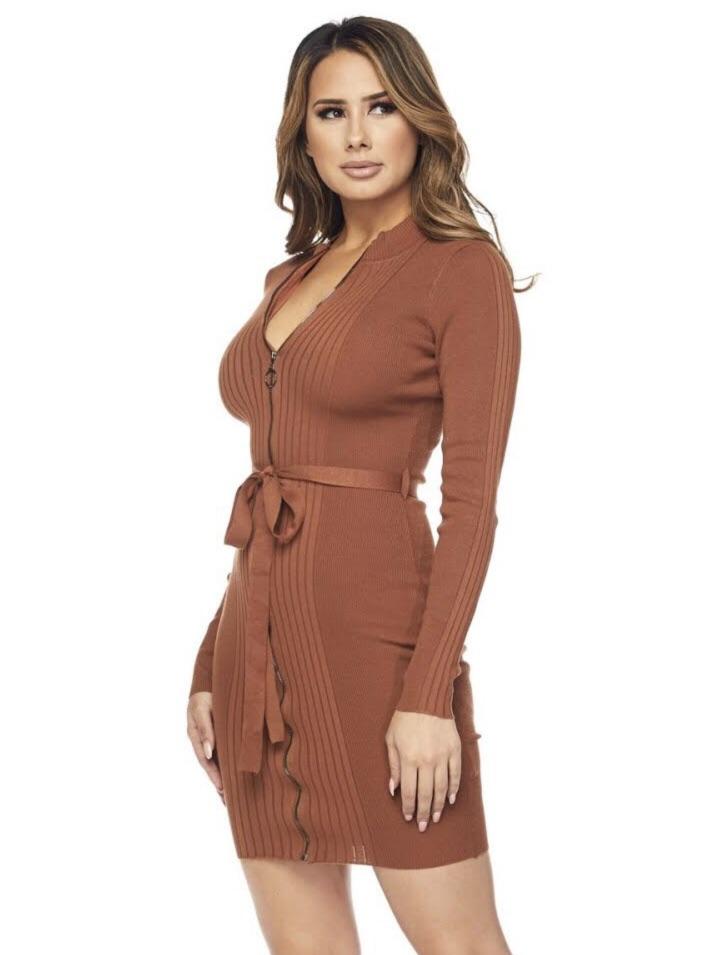 HERA COLLECTION LONG SLEEVE ZIPPER DRESS W/ BELT - NEW RUST