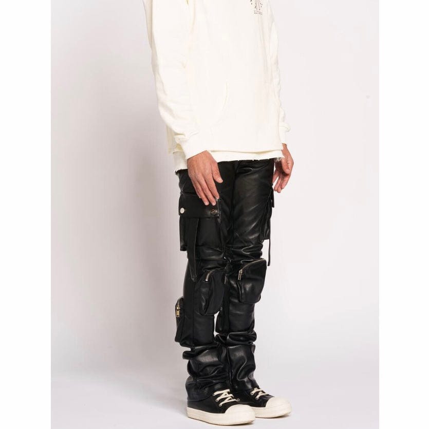 Pheelings Never Look Back Cargo Flare Stack Leather Pants (Black)