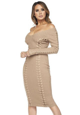HERA COLLECTION LACE ME UP LONG SLEEVE V-NECK DRESS - BEIGE