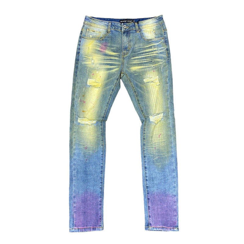 Foreign Local Rip and Repair Splattered Washed Jeans (Tint Blue) FL-10112