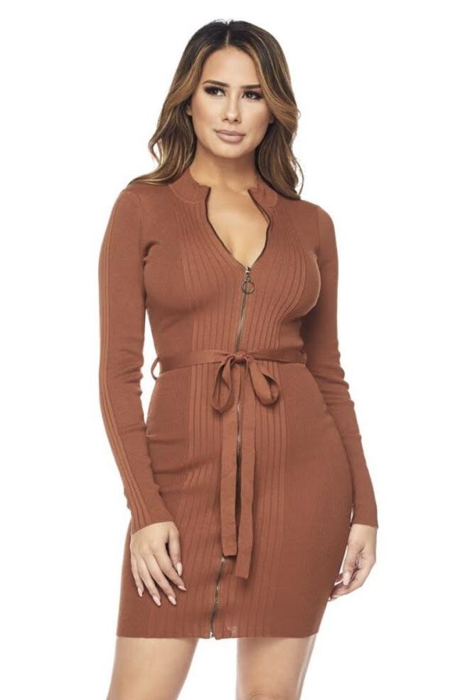 HERA COLLECTION LONG SLEEVE ZIPPER DRESS W/ BELT - NEW RUST