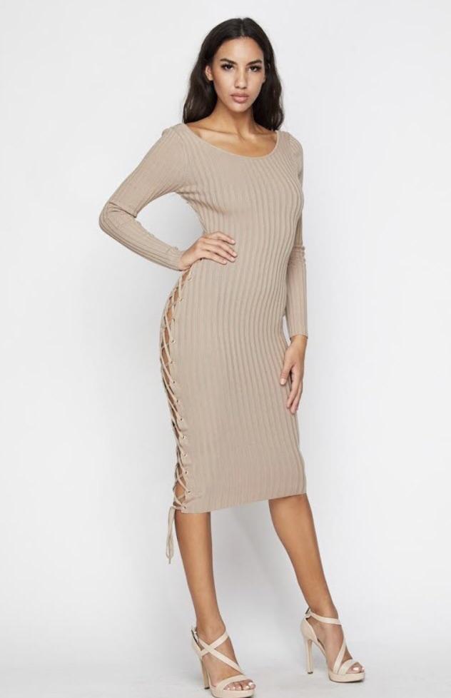 HERA COLLECTION LONG SLEEVE RIB SIDE LACE UP SLIT DRESS - BEIGE