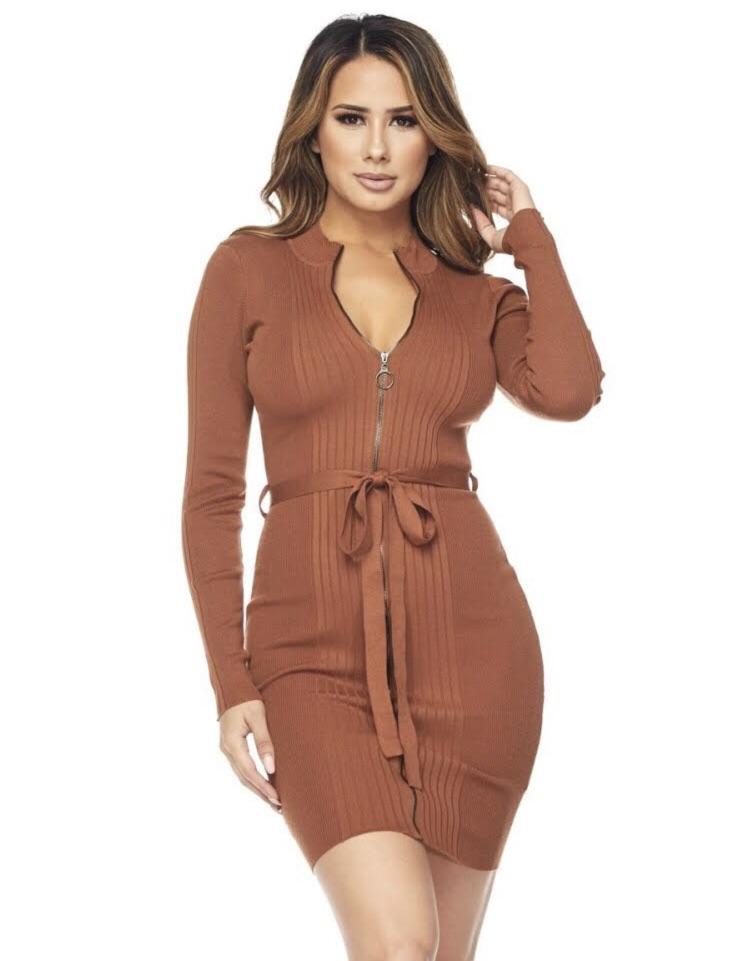 HERA COLLECTION LONG SLEEVE ZIPPER DRESS W/ BELT - NEW RUST